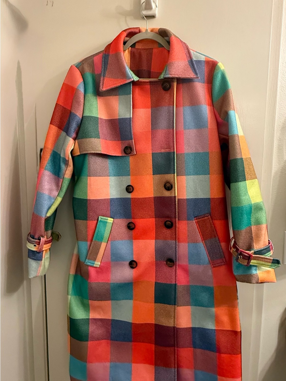 Women’s Multicolor Plaid Long Coat - Vibrant Check Trench - gorgeous!